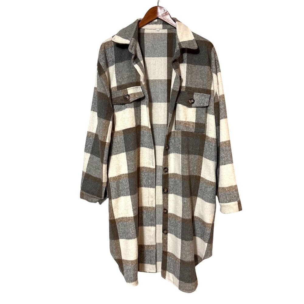 Plaid Button-Up Longline Shirt Jacket XXL Beige & Gray Casual Outerwear - Picture 1 of 6
